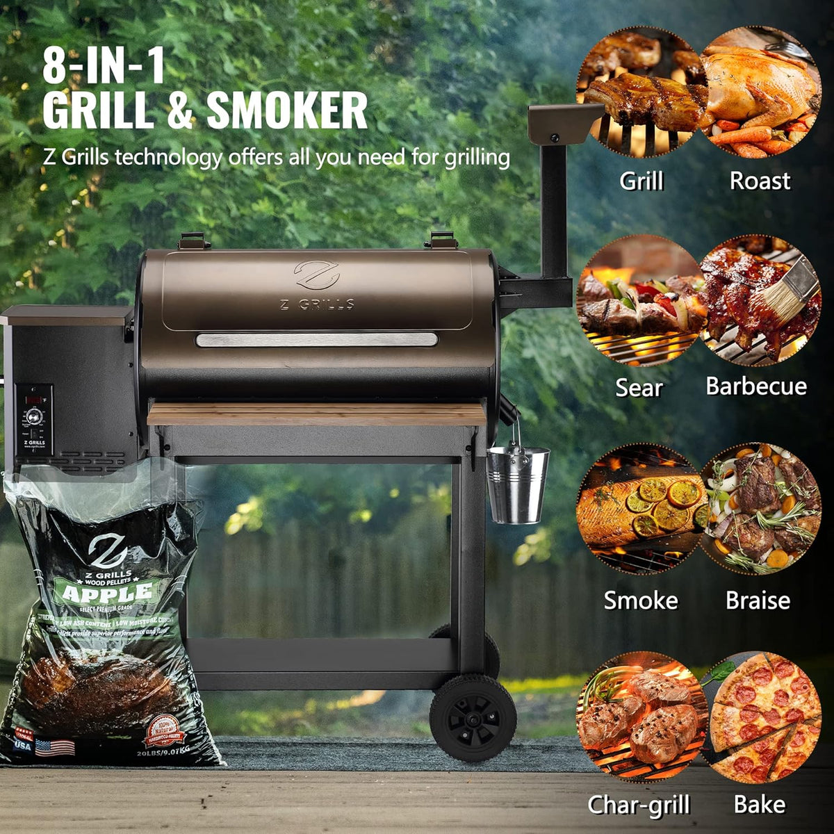 Z GRILLS Wood Pellet Grill Smoker with 552 Cooking Area & Front Shelf for Outdoor BBQ, Smoke, Bake and Roast, 550C