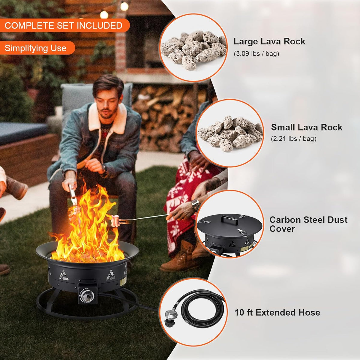 VEVOR Portable Propane Fire Pit, 24-Inch Diameter Outdoor Gas Fire Pit with Cover & Lava Rocks, Adjustable Flame Height Camping Firepit for Heating, Lighting, Gathering, 58,000 BTU, Black