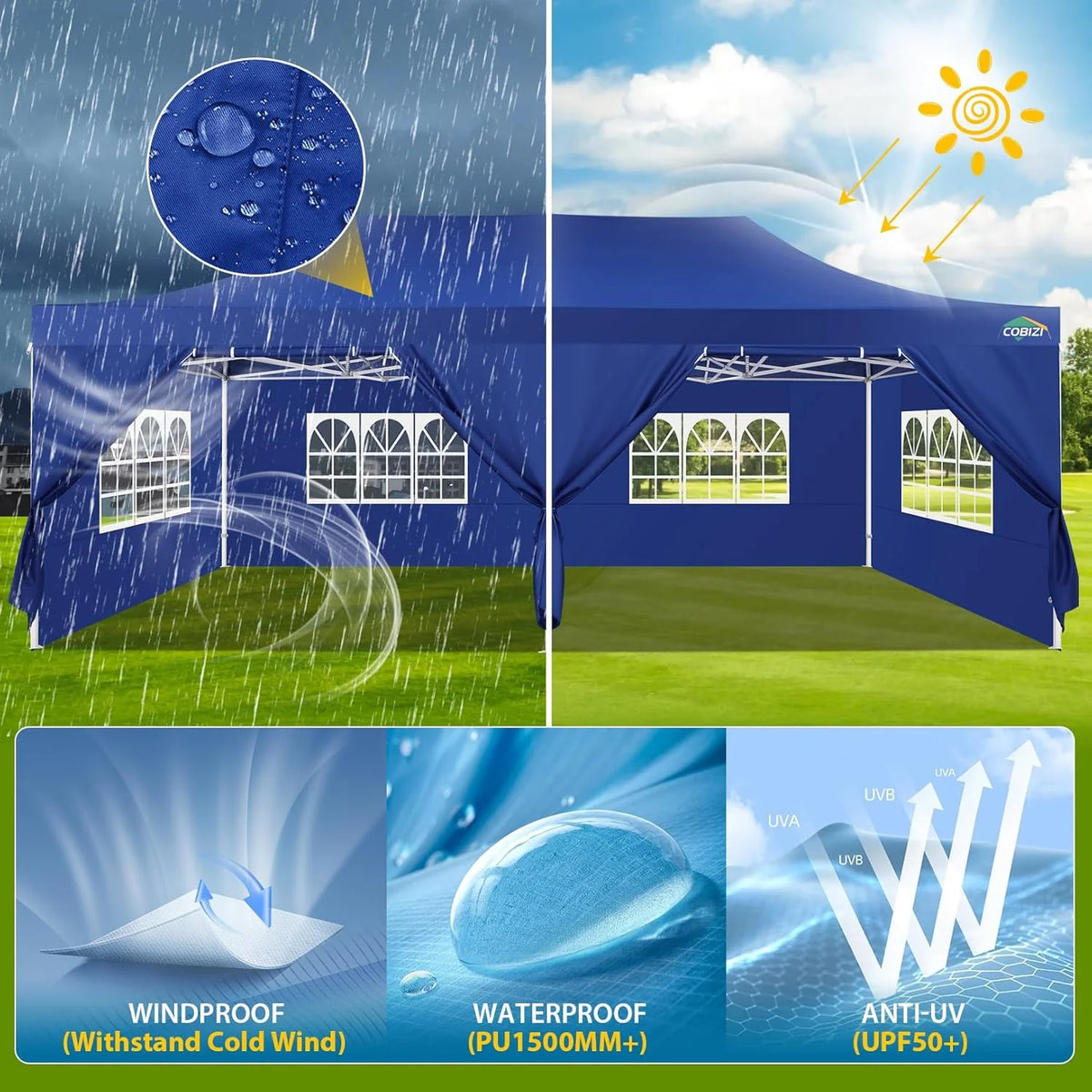 COBIZI 10x20 Heavy Duty Pop up Canopy Tent with 6 sidewalls Easy Up Commercial Outdoor Canopy Wedding Party Tents for Parties All Season Wind & Waterproof Gazebo with Roller Bag,Black(Frame Thickened)