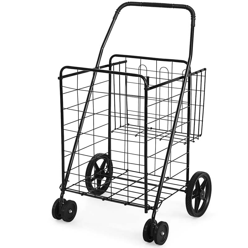 Jumbo Folding Shopping Cart Large Rolling Grocery Utility Cart with Double Basket & 360° Swivel Wheels