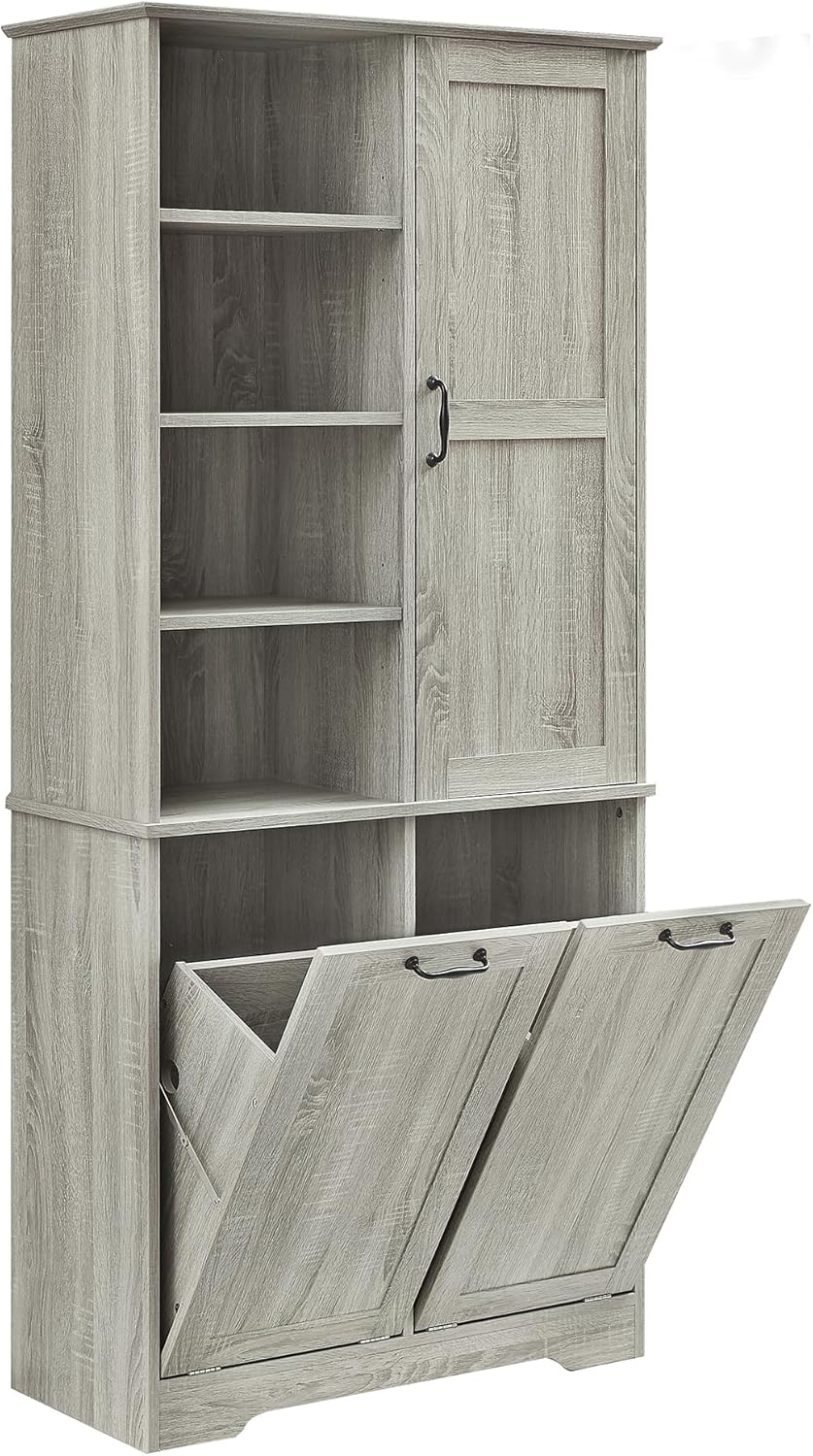 SOFTSEA 68" Double Tilt Out Laundry Hamper Cabinet, Tall Hidden Laundry Basket Cabinet with 3 Doors & Adjustable Shelf, Freestanding Bathroom Storage Cabinet for Laundry Room Kitchen, Wash Oak