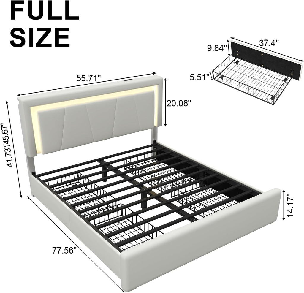 Full Size Bed Frame with 4 Storage Drawers and LED Lights, Upholstered Platform Bed with Adjustable Headboard and Charging Station, Metal Slats Support, No Box Spring Needed,Easy Assembly, White