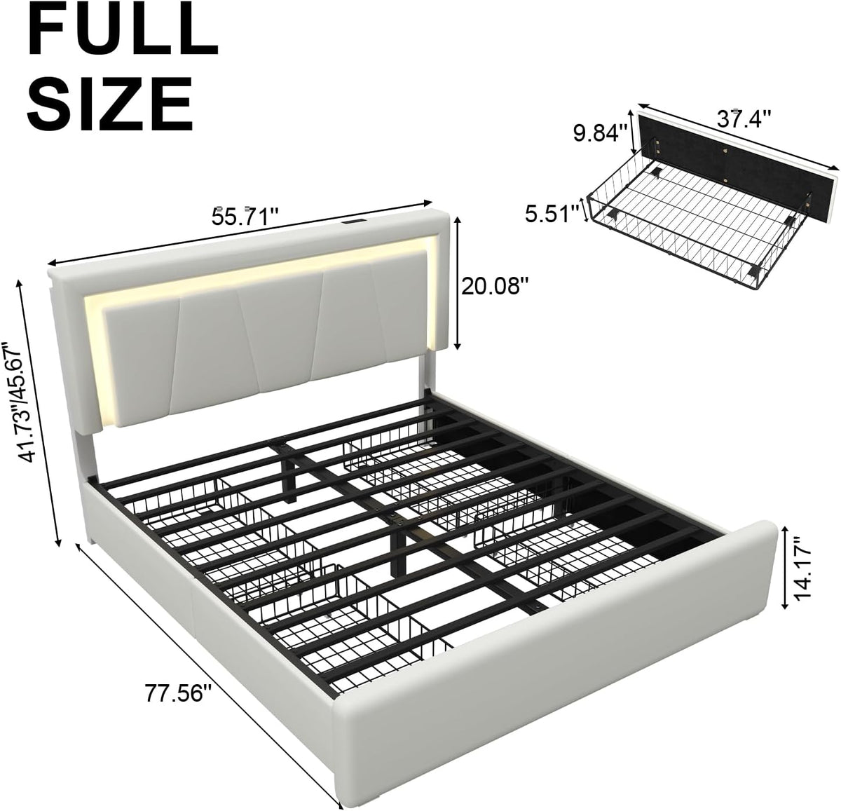 Full Size Bed Frame with 4 Storage Drawers and LED Lights, Upholstered Platform Bed with Adjustable Headboard and Charging Station, Metal Slats Support, No Box Spring Needed,Easy Assembly, White