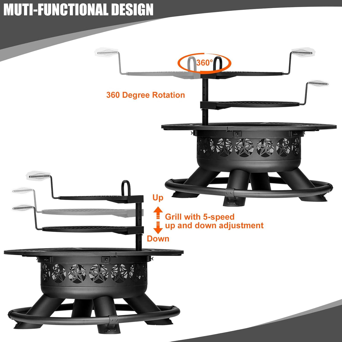 47 Inch Outdoor Fire Pit with 2 Grills  Extra Large BBQ Firepits for Outside  Metal Round Fire pits with Lid&Fire Poker 3 in 1 Wood Burning Outdoor Fireplaces for Backyard Patio Bonfire