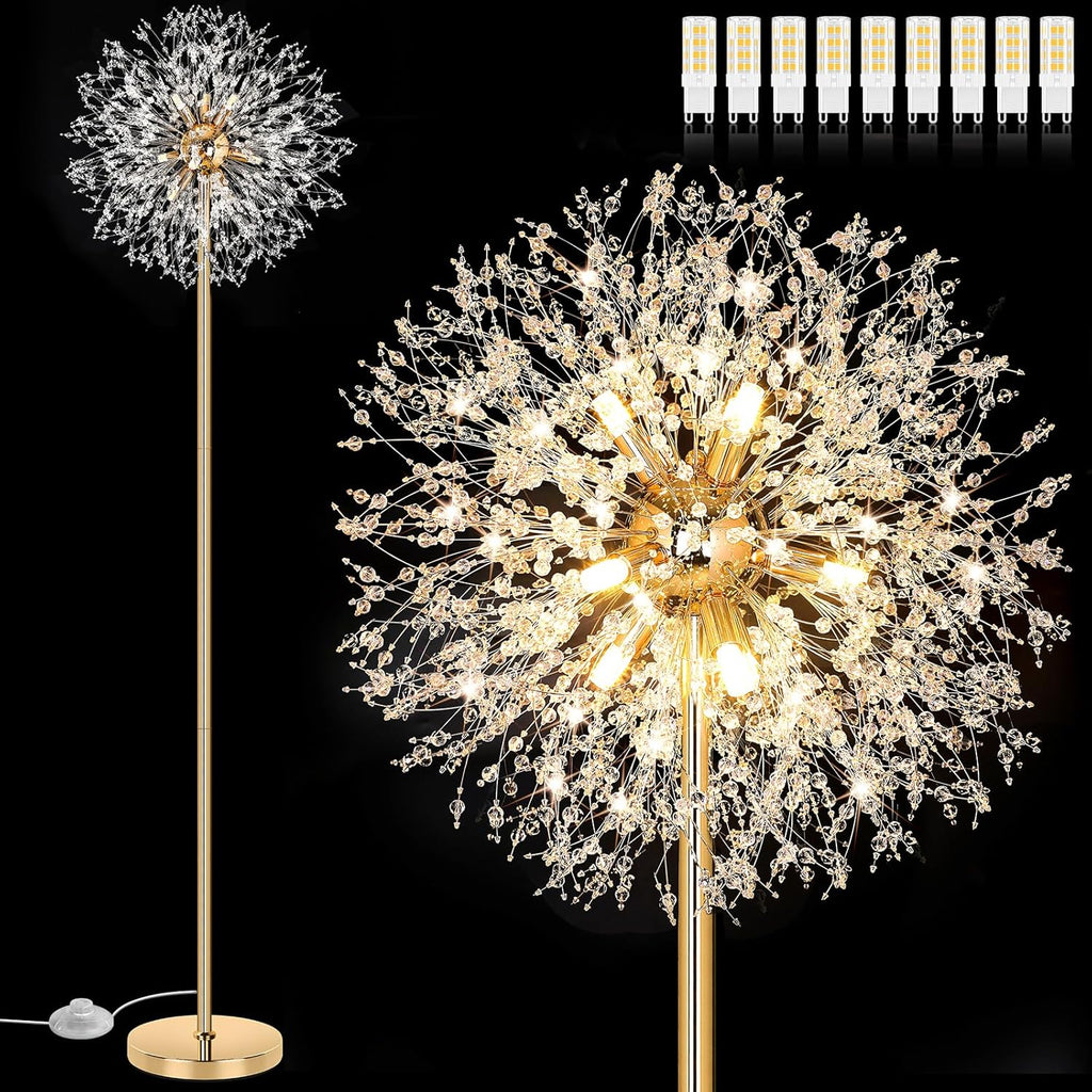 BesLowe 69'' Crystal Floor Lamp for Living Room, Modern Standing Lamp with 738PCS K9 Crystals, Tall Lamp Pole Light for Bedroom Office, Mid Century Gold Floor Lighting with 9 LED Bulbs, Antique Brass