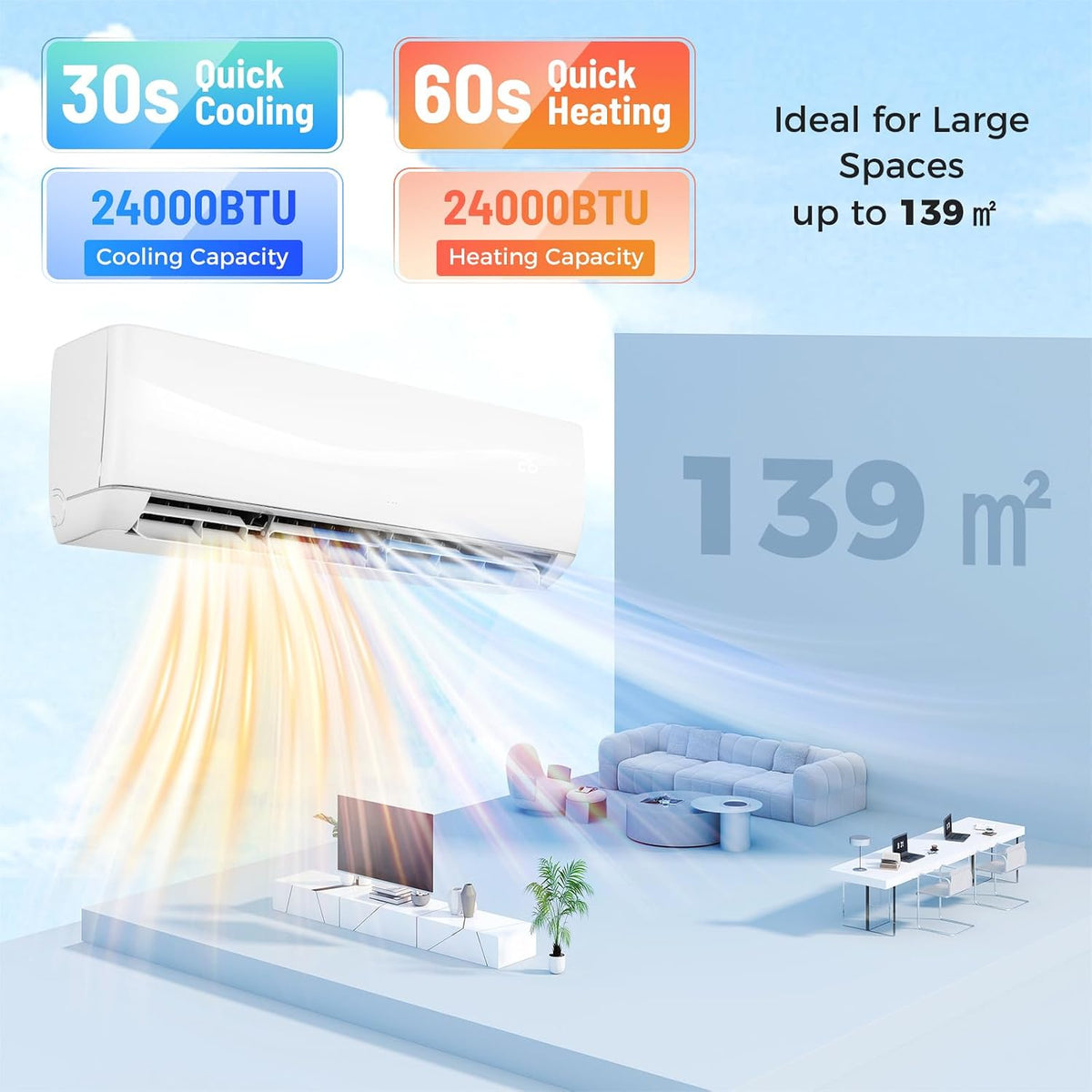 TANGZON 24000 BTU Air Conditioner Wall Split, 5 in 1 Air Conditioning Unit Heater Dehumidifier Air Purifier Fan with Heat Pump, Remote & Installation Kit, A++ Rating, Inverter, Wall AC Unit for 139㎡