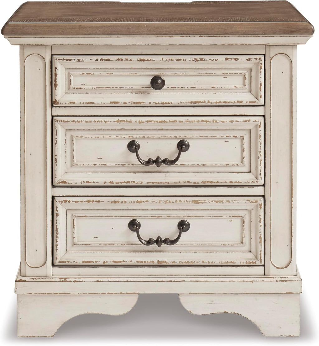 Signature Design by Ashley Realyn French Country 3 Drawer Nightstand with Electrical Outlets & USB Ports, 27.75" Tall, Chipped White