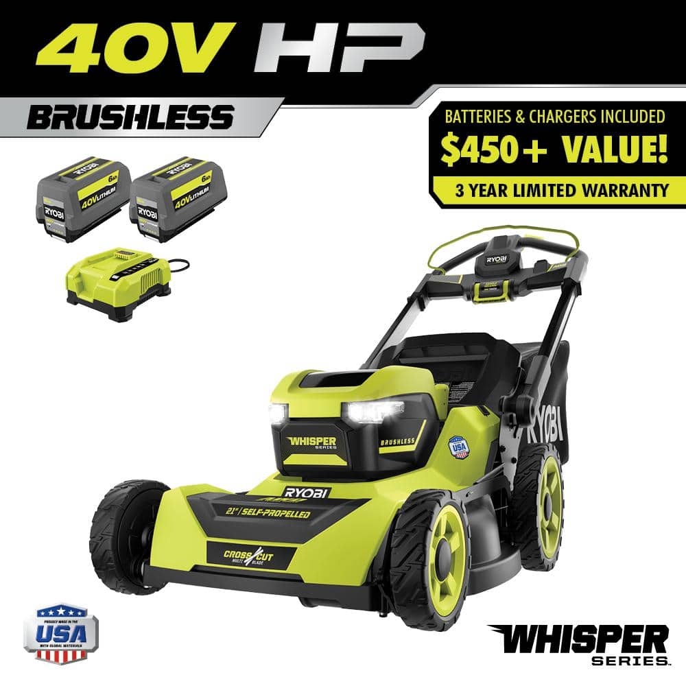 Ryobi 40V HP Brushless 21-in Self-Propelled AWD Lawn Mower �C Whisper Series �C Includes (2) 6.0Ah Batteries and Charger