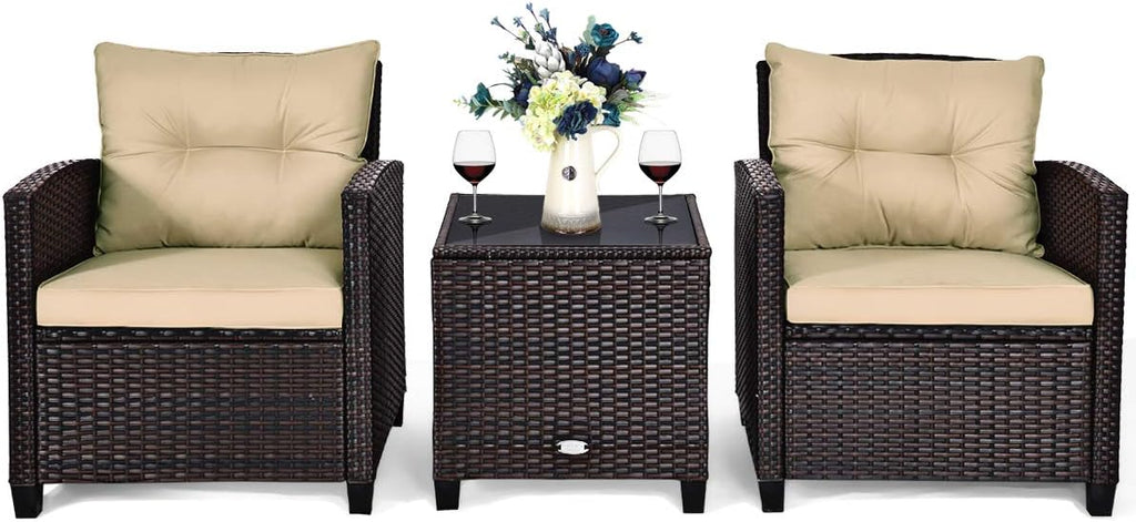 Tangkula 3 Pieces Patio Furniture Set, PE Rattan Wicker 3 Pcs Outdoor Sofa Set w/Washable Cushion and Tempered Glass Tabletop, Conversation Furniture for Garden Poolside Balcony (Beige)