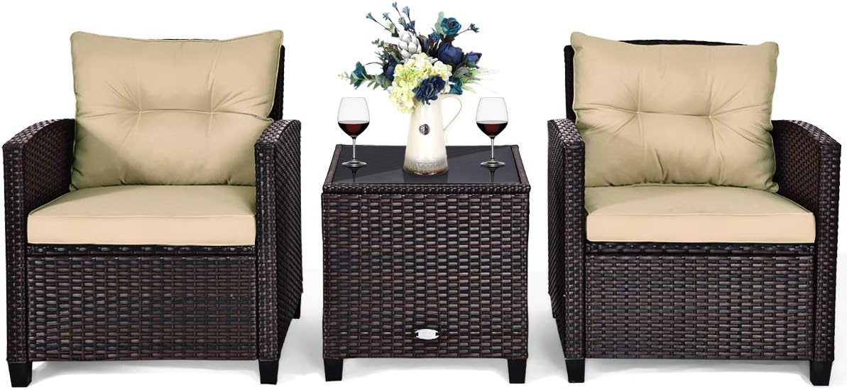 Tangkula 3 Pieces Patio Furniture Set, PE Rattan Wicker 3 Pcs Outdoor Sofa Set w/Washable Cushion and Tempered Glass Tabletop, Conversation Furniture for Garden Poolside Balcony (Beige)