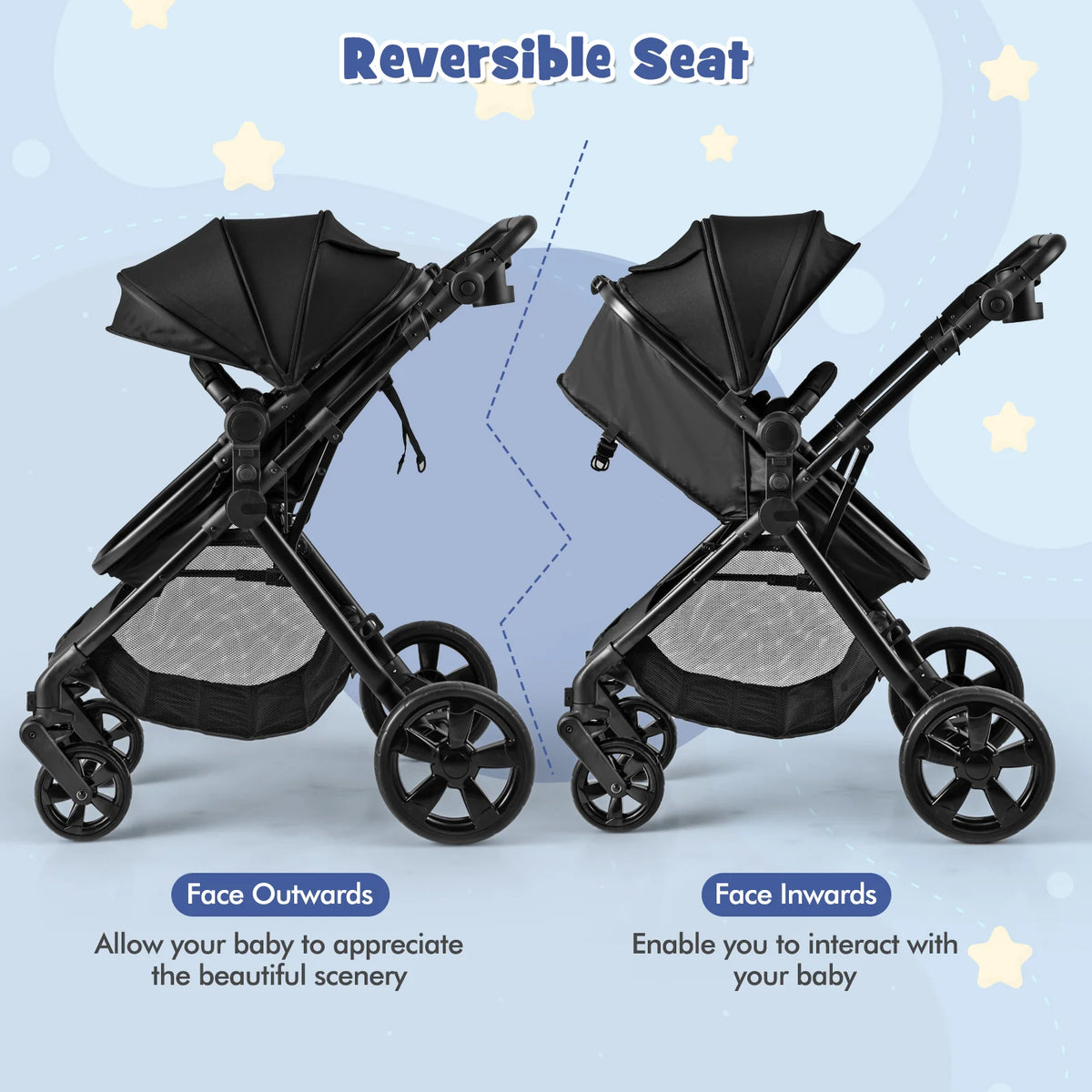 2-in-1 Convertible Baby Stroller, Foldable Infant Carriage with Reversible Seat