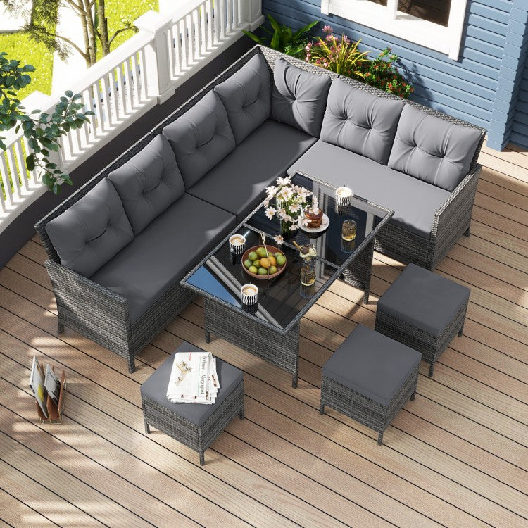 7 Pieces Patio Dining Furniture Set with Soft Cushions and Ottomans