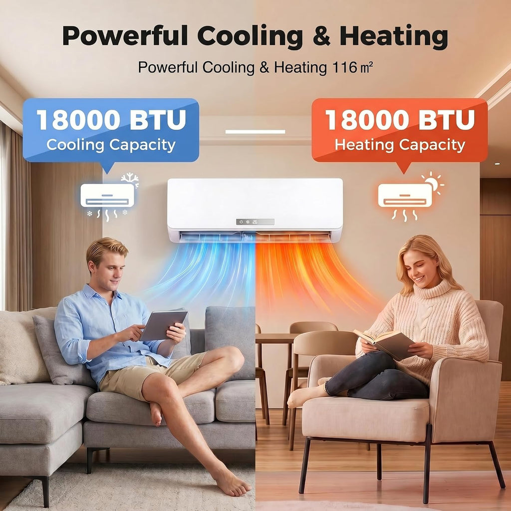 TANGZON 18000 BTU Air Conditioner Wall Split, 5 in 1 Air Conditioning Unit Heater Dehumidifier Air Purifier Fan with Heat Pump, Remote & Installation Kit, A++ Rating, Inverter, Wall AC Unit for 116㎡