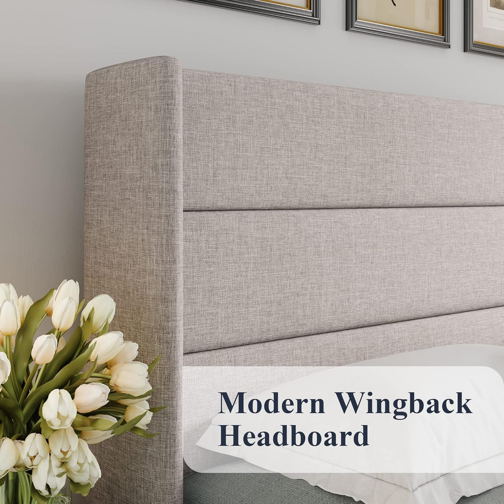 Allewie Queen Size Lift Up Storage Bed, Modern Wingback Headboard, Hydraulic Support, No Box Spring Needed, Light Beige