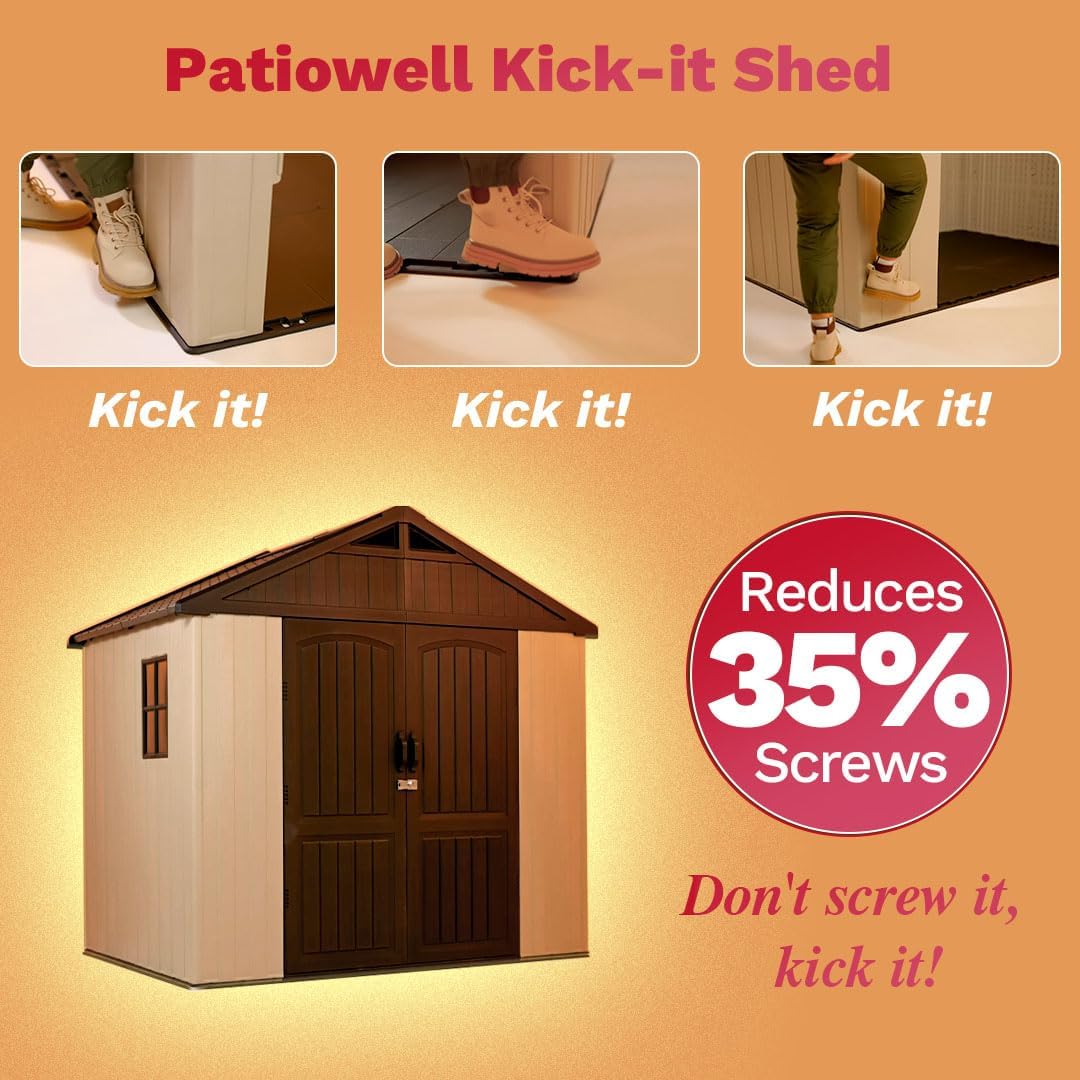 Patiowell 8 x 6 FT Plastic Outdoor Storage Shed with Floor  Resin Shed with Window and Lockable Door for Garden  Backyard  Tool Storage Use  Easy to Install in Beige (Kick-it Shed)