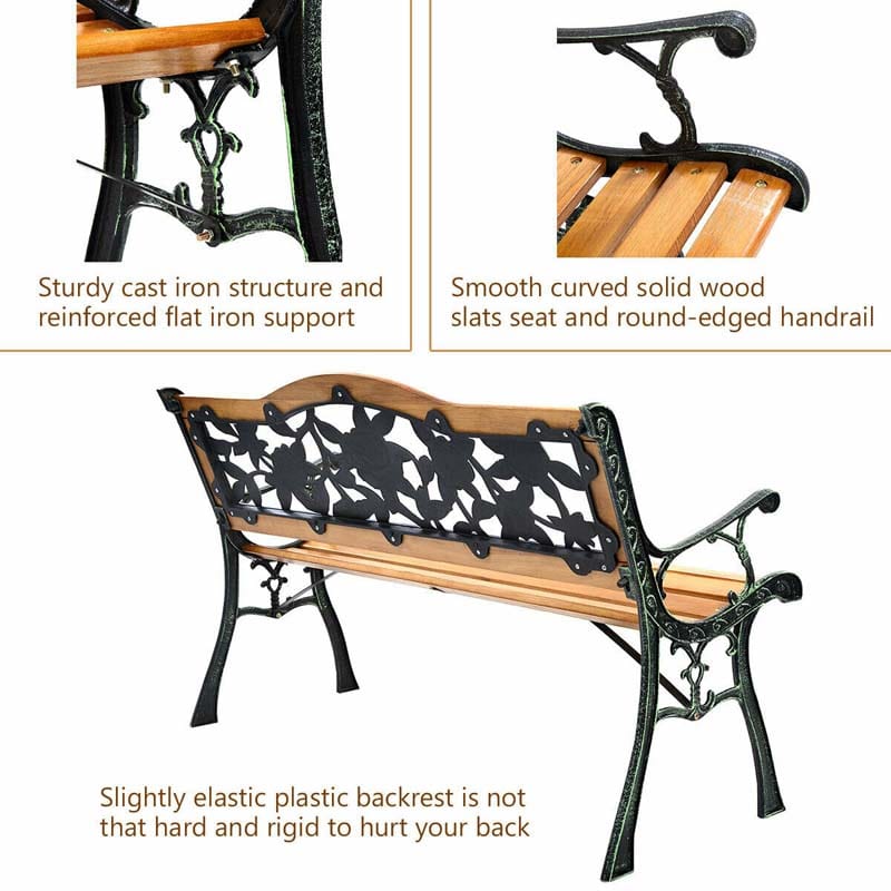50" Garden Park Bench Cast Iron & Hardwood Weatherproof Outdoor Bench Patio Porch Loveseat Chair