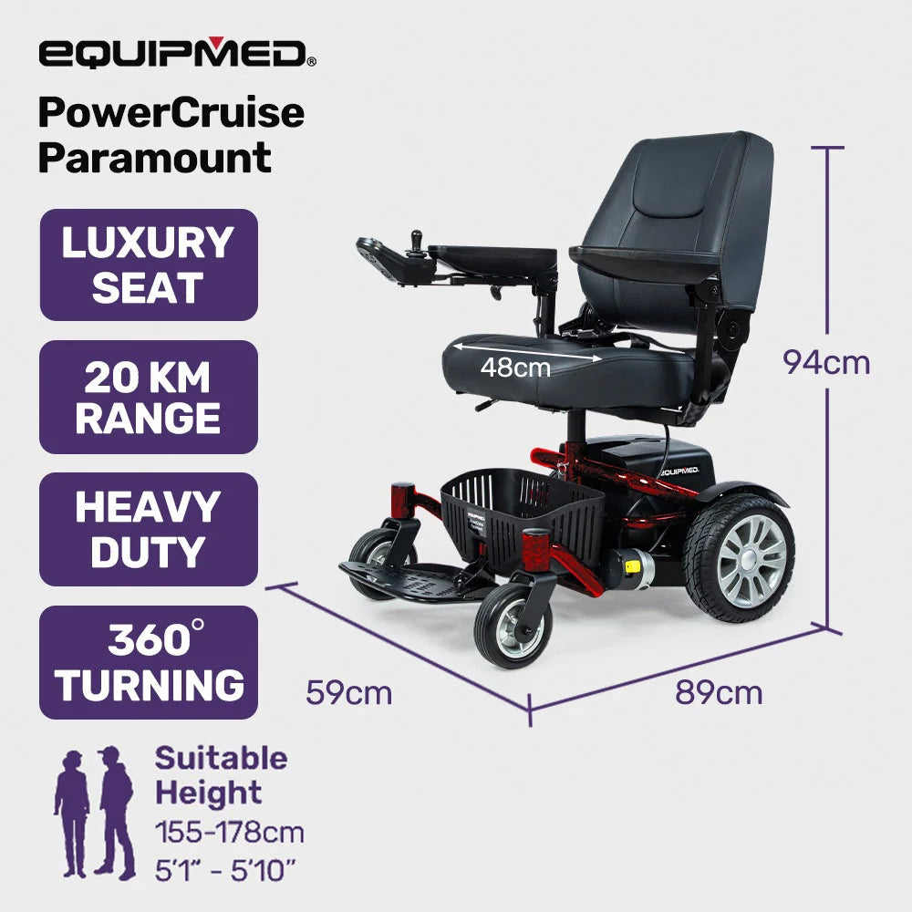 EQUIPMED Heavy Duty Electric Wheelchair, Up to 20km Range, Ultra-Comfortable, Great Turning Circle, Safe Stable Non-Slip Anti-Roll Back Power Chair, Red