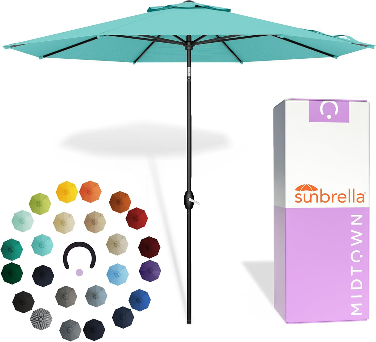 Midtown Umbrellas - The Lean 9 Ft Patio Umbrella with Fade-Resistant Sunbrella Fabric  Auto-Tilt Aluminum Frame and 8 Reinforced Ribs for Deck  Pool & Garden - Aruba Canopy  Black Pole