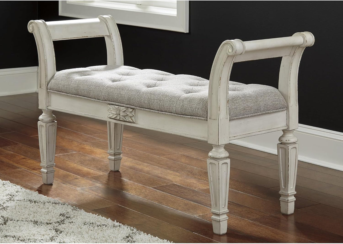 Signature Design by Ashley Realyn French Country Upholstered Tufted Accent Bench with Foam Cushion and Scrolled Arms, Wood Frame, 25.88" High, Antique White