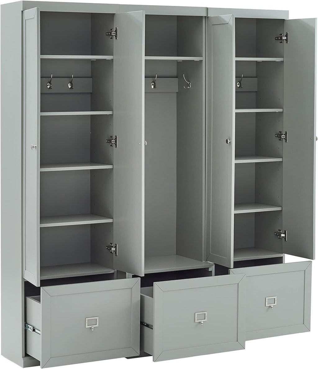 Crosley Furniture Harper 3-Piece Hall Tree and Storage Cabinet Set with Entryway Bench and Hooks for Hanging, Gray