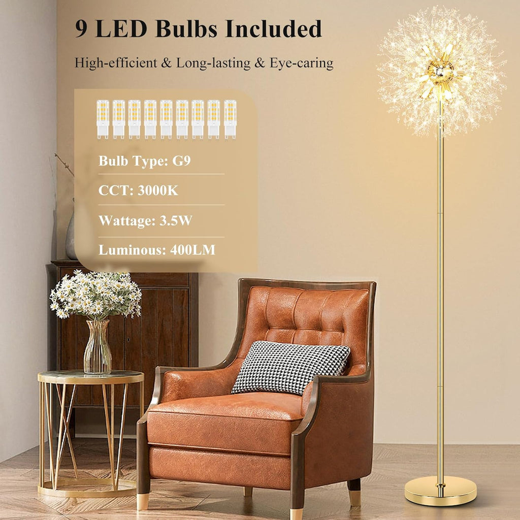 BesLowe 69'' Crystal Floor Lamp for Living Room, Modern Standing Lamp with 738PCS K9 Crystals, Tall Lamp Pole Light for Bedroom Office, Mid Century Gold Floor Lighting with 9 LED Bulbs, Antique Brass