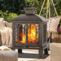Panovue 45" H��31''W Metal Chiminea Fire Pit with Grill, Wood Burning Fire Pits for Outside,Square Chimineas Fireplace with Mesh Spark Screen Door& Fire Poker for Garden,Yard,BBQ,Bonfire (Black&Gold)