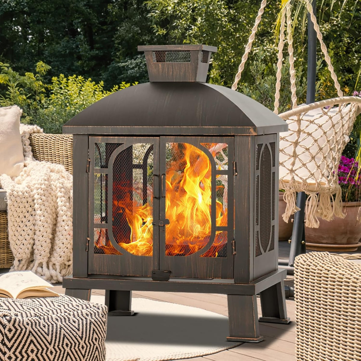 Panovue 45" H��31''W Metal Chiminea Fire Pit with Grill, Wood Burning Fire Pits for Outside,Square Chimineas Fireplace with Mesh Spark Screen Door& Fire Poker for Garden,Yard,BBQ,Bonfire (Black&Gold)