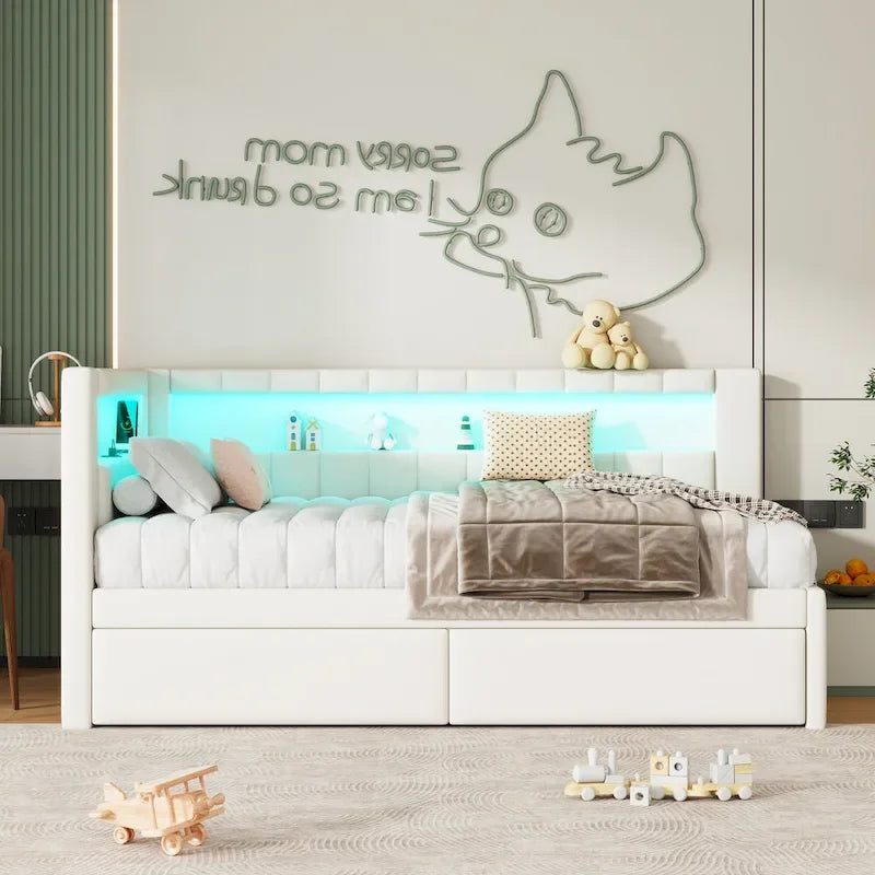 Upholstered Platform Bed with USB Ports & LED Lighting - Full/Twin Size Bed Frame with 2 Storage Drawers - Modern Bedroom