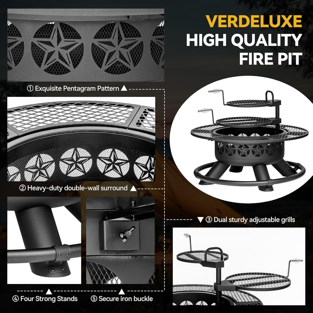 47 Inch Outdoor Fire Pit with 2 Grills  Extra Large BBQ Firepits for Outside  Metal Round Fire pits with Lid&Fire Poker 3 in 1 Wood Burning Outdoor Fireplaces for Backyard Patio Bonfire