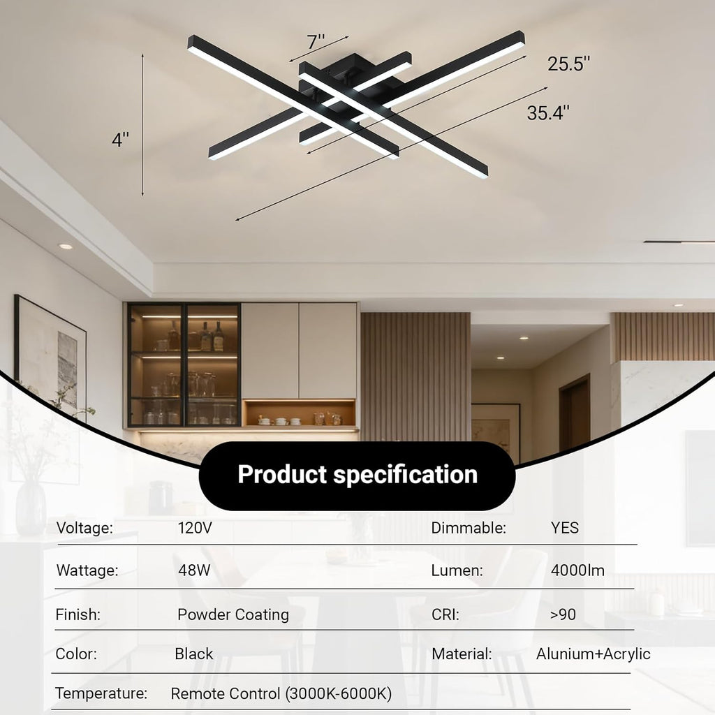 Semi Flush Mount Modern Light Fixture,35.4" Modern LED Ceiling Lights Fixture,for Hallway,Entrance,Cafe,Living Room,Bedroom,Corridor,Porch,Passage Light Fixtures (Black (4-Lights))