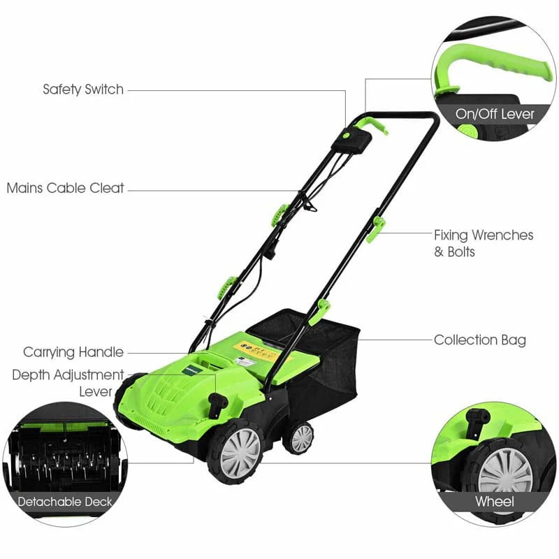 2-in-1 Electric Lawn Dethatcher & Scarifier, 12 Amp 13" Corded Grass Dethatcher with 40L Collection Bag