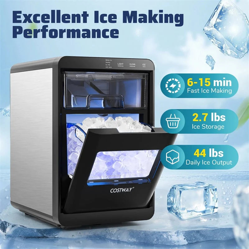 Countertop Nugget Ice Maker, 44LBS/24H Soft Chewable Sonic Ice Machine with Self-Cleaning, One-Touch Operation & Pull-Out Water Tank for Home Bar, RV