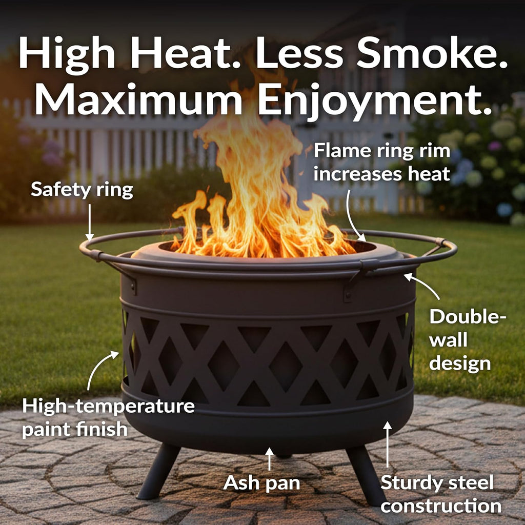 Sunnydaze 30-Inch Crossweave Smokeless Wood-Burning Fire Pit with Cover and Poker - Steel Outdoor Smokeless Fire Pit for the Backyard