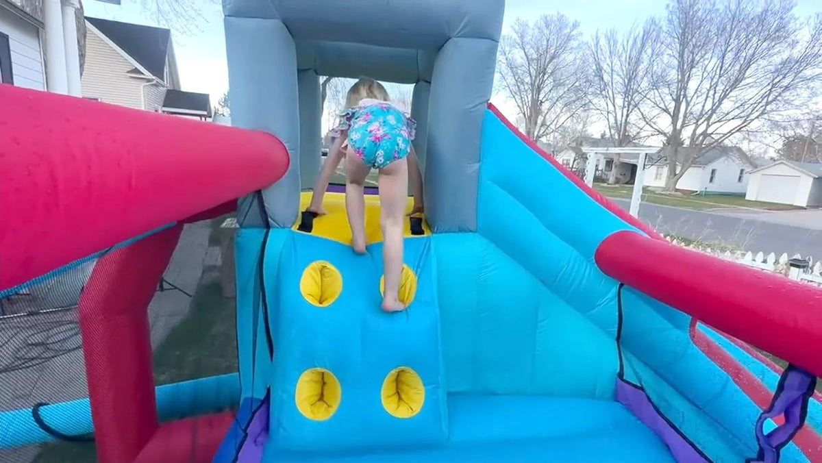 Inflatable Water Slides for Kids 8-in-1 Bounce House Water Park with 450W Blower Climbing Wall, Splash Pool, 2 Water Cannons, Basketball Hoop, Water Slide, Crocodile Sprinkler for Gift Backyard Party