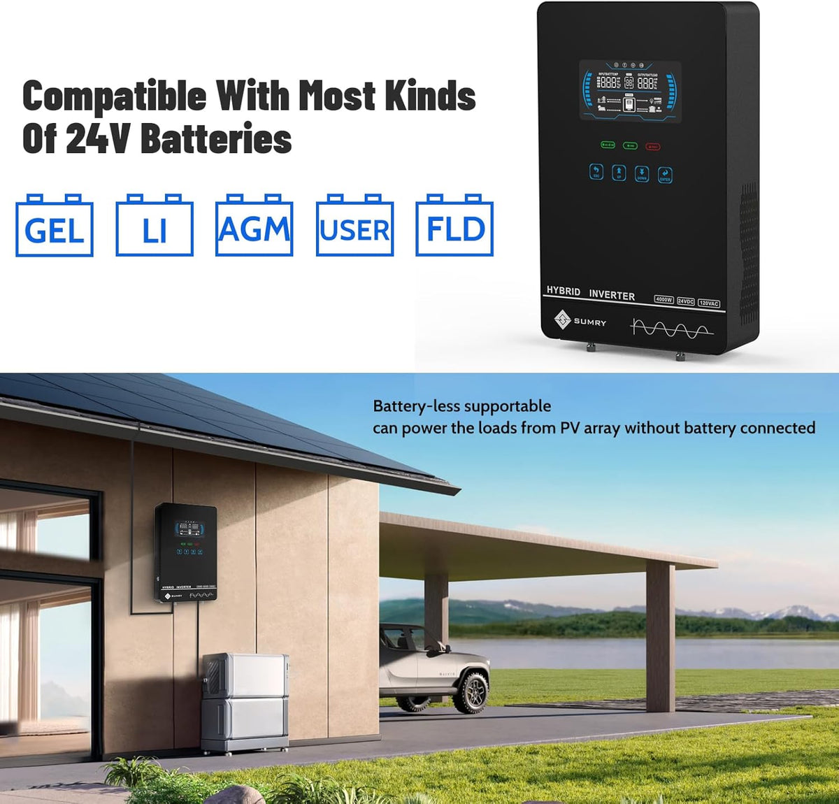 SUMRY Hybrid Solar Inverter  4000W DC 24V to AC 120V Pure Sine Wave Power Converter  Glass Top Cover with LCD Display  140A MPPT Charge Controller  Supports Battery-Less or AGM Lithium Battery