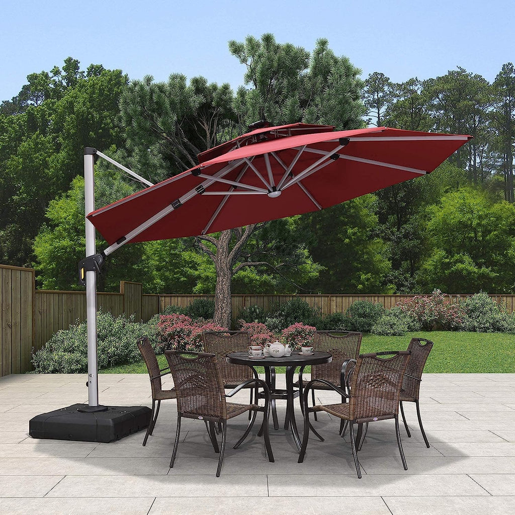 12ft Solar LED Patio Umbrella Outdoor Round Umbrella Large Cantilever Umbrella with LED Lights Windproof Bias Umbrella Heavy Duty Parasol for Garden Deck Pool Patio