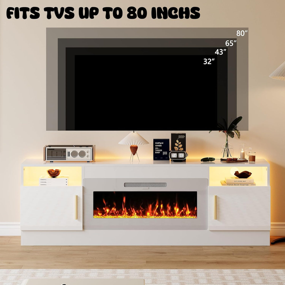 Fireplace TV Stand with 36’’ Electric Fireplace, 70'' TV Media Entertainment Center with Fireplace Up to 80 inch,Modern LED TV Console with High Gloss Cabinet for Living Room