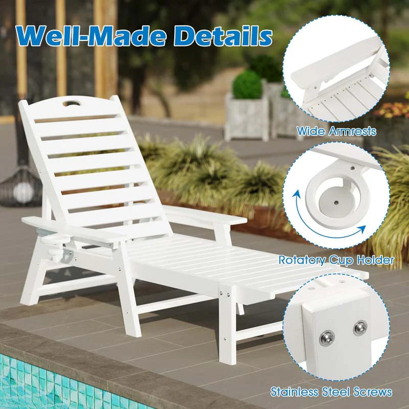 Outdoor Chaise Lounge Chair with 4-Position Backrest & Cup Holder, Weatherproof HDPE Reclining Patio Chair for Poolside, Backyard, Garden