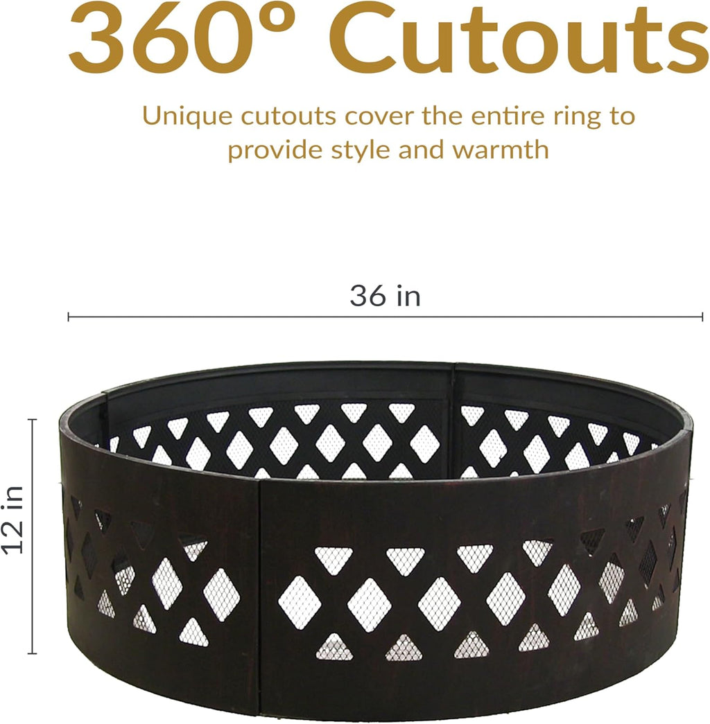 Sunnydaze 36-Inch Outdoor Fire Pit Ring with Poker - Round Heavy-Duty Steel Fire Ring for Camping or Backyard - Crossweave - 12" H