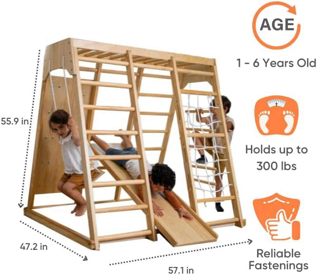 Avenlur Magnolia Indoor Playground 6-in-1 Jungle Gym Montessori Waldorf Style Wooden Climber Playset Slide, Rock Climbing Wall, Rope Wall Climber, Monkey Bars, Swing for Toddlers, Children Kids 2-8yrs