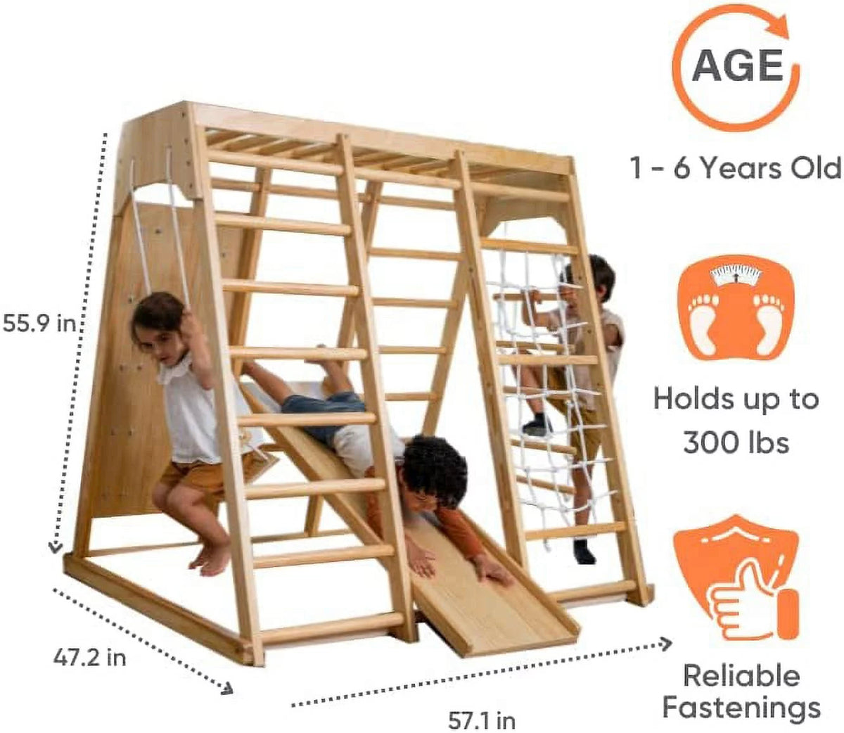 Avenlur Magnolia Indoor Playground 6-in-1 Jungle Gym Montessori Waldorf Style Wooden Climber Playset Slide, Rock Climbing Wall, Rope Wall Climber, Monkey Bars, Swing for Toddlers, Children Kids 2-8yrs