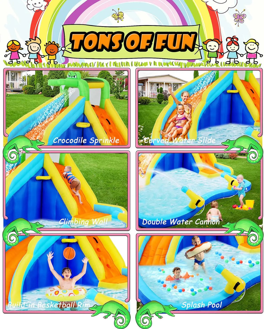 Inflatable Water Slides for Kids 8-in-1 Bounce House Water Park with 450W Blower Climbing Wall, Splash Pool, 2 Water Cannons, Basketball Hoop, Water Slide, Crocodile Sprinkler for Gift Backyard Party
