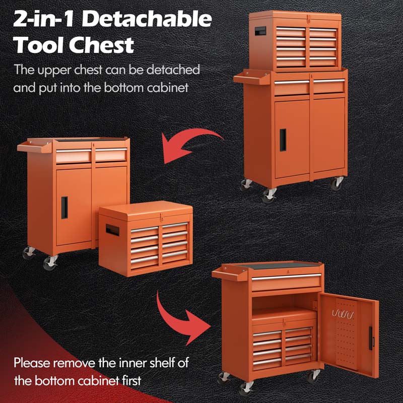 2 In 1 Rolling Tool Chest 5 Drawer Tool Storage Cabinet With Wheels Adjustable Shelf Tool Box Organizer For Garage Warehouse Workshop - Durable Tools For Home Projects