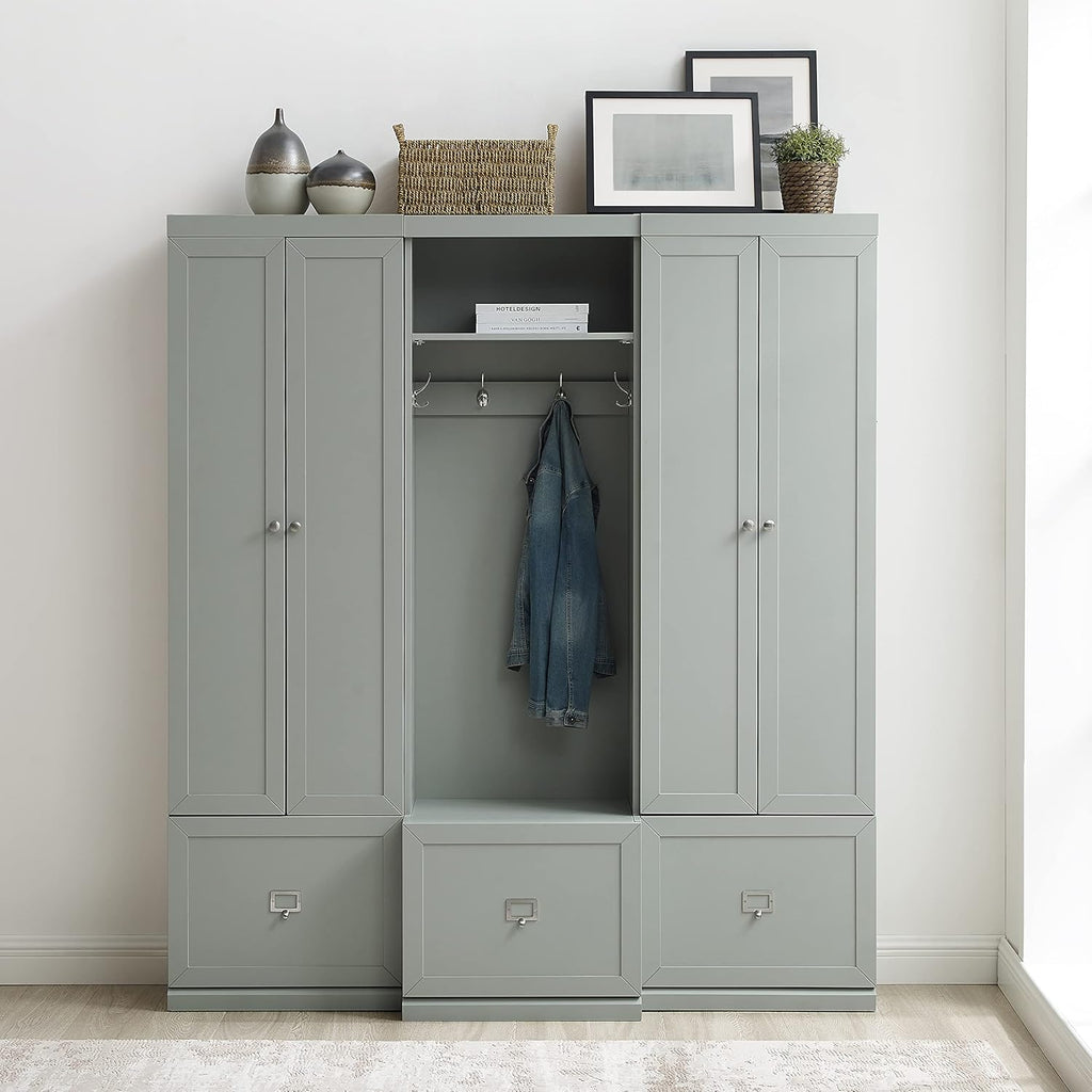 Crosley Furniture Harper 3-Piece Hall Tree and Storage Cabinet Set with Entryway Bench and Hooks for Hanging, Gray