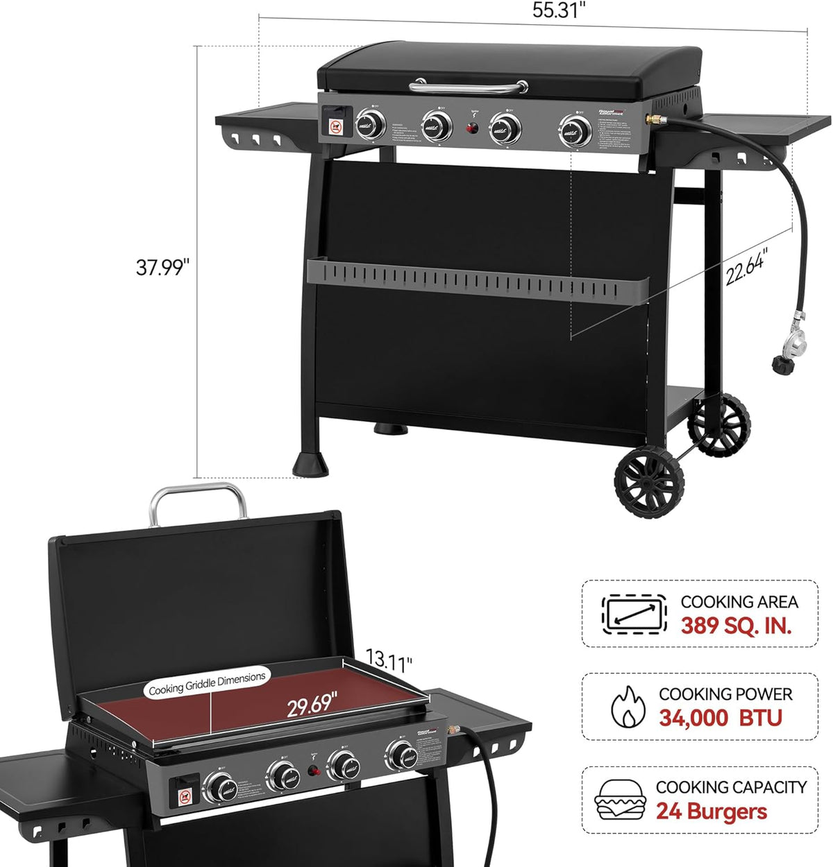 Royal Gourmet PD4001 4 Burner Propane Gas Griddle with Removable Standing Cart  Convertible to Tabletop Design  Flat Top Grill with Hood for Camping  Tailgating  Backyard  Black
