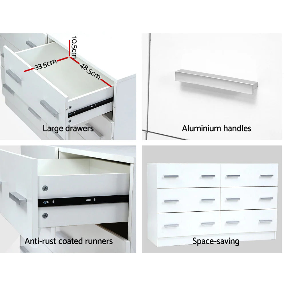 Stylish White 6-Drawer Lowboy Chest - Artiss VEDA