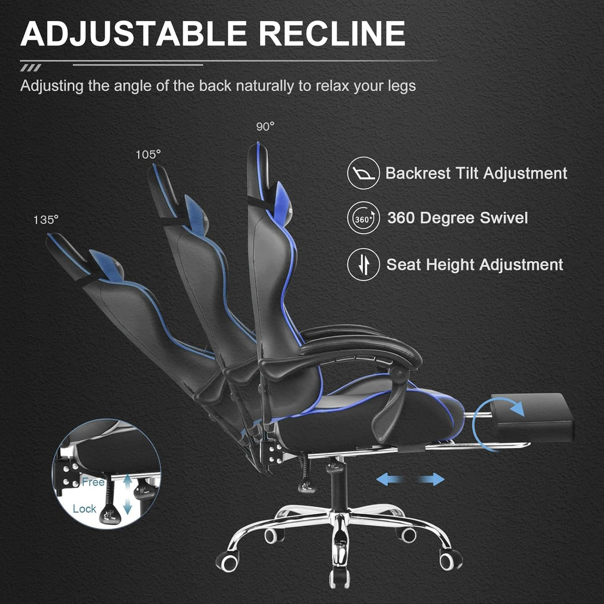 GTPLAYER Gaming Chair, Computer Chair with Footrest and Lumbar Support, Height Adjustable Game Chair with 360  -Swivel Seat and Headrest and for Office or Gaming (White)