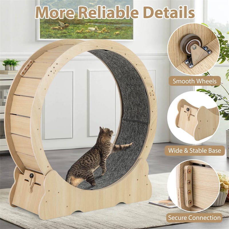 40" Large Cat Exercise Wheel for Indoor Cats, Low Noise Cat Treadmill with Lockable Mechanism, Carpeted Runway & Teasing Toy for Kitty Fitness