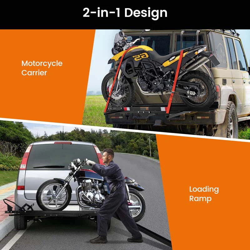 600LBS Motorcycle Hitch Carrier Fit Up to 7.5" Wide Tire, Motorcycle Carrier Hitch Mount w/Loading Ramp, Dirt Bike Trailer, Heavy Duty Motorcycle Rack