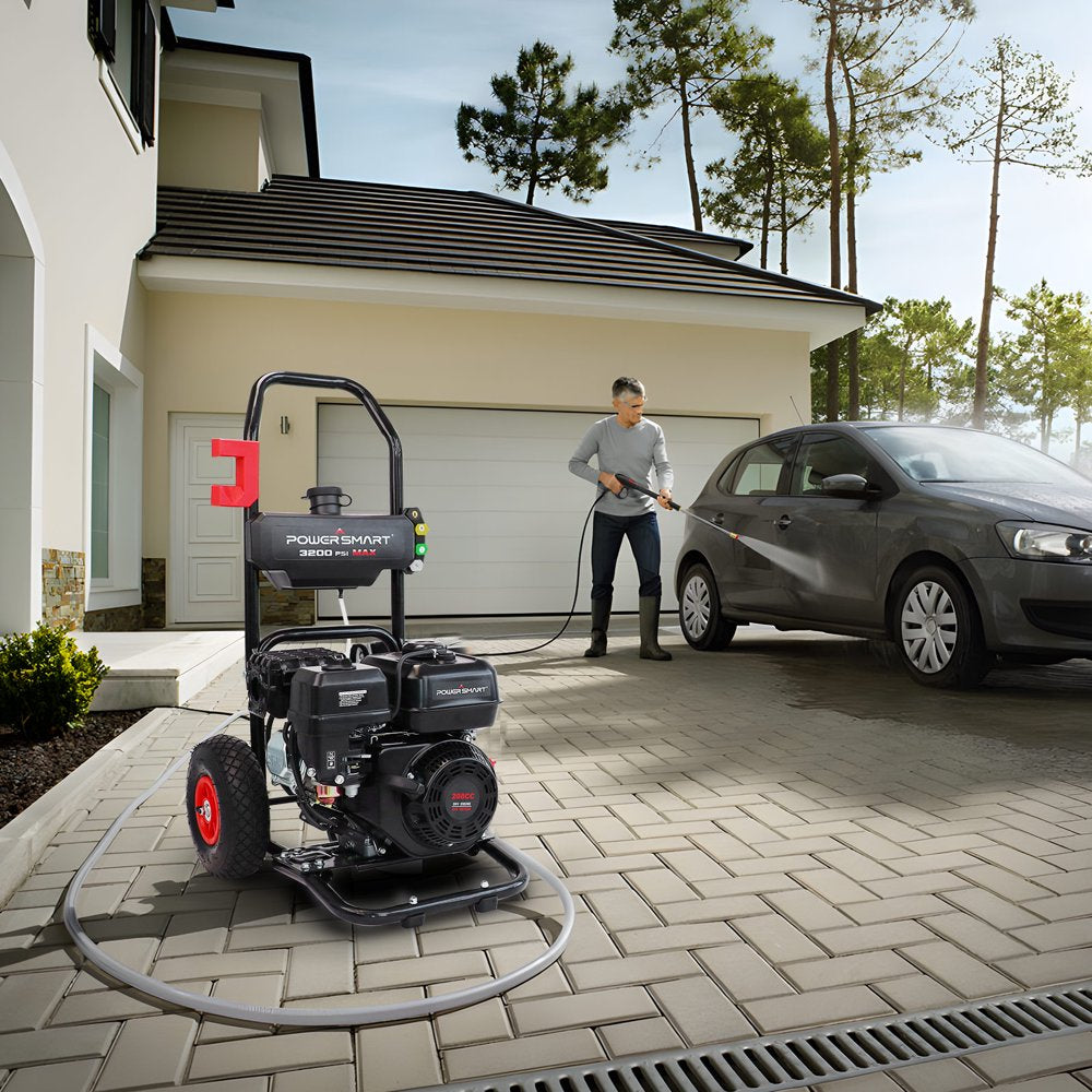 PowerSmart 3200PSI Gas Pressure Washer, 208cc Engine, 5 Nozzles, Soap Tank, 25ft Hose, Portable, CARB Compliant